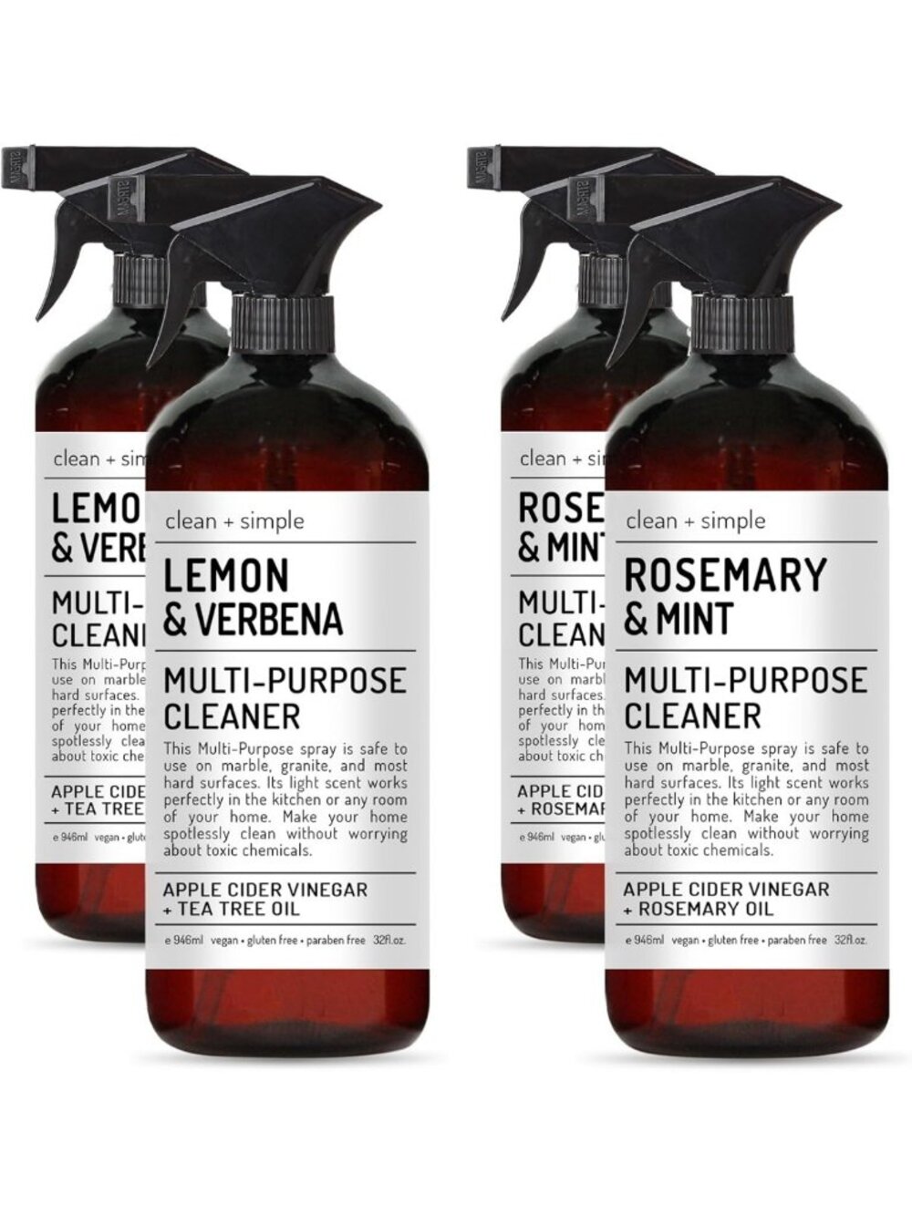 Natural Multi-Purpose Cleaners Set of 4 | Apple Cider Vinegar, Rosemary & Tea